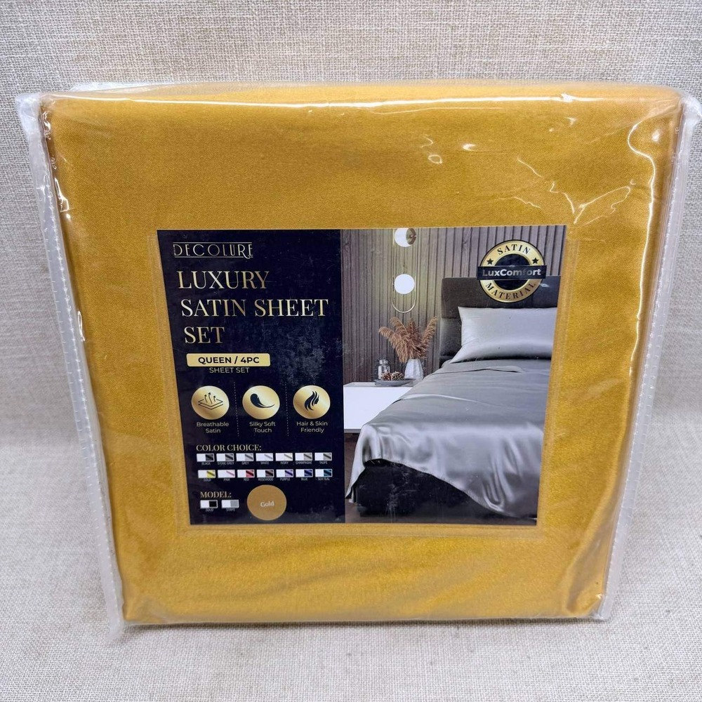 Decolure Luxury Satin Sheet Set Queen 4 Piece Gold Silky Soft Bedding New